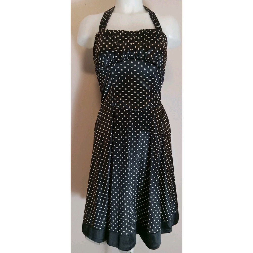 Ruby Rox Women Black Ivory Polka‎ Dot Halter Mesh Hem Dress Size M